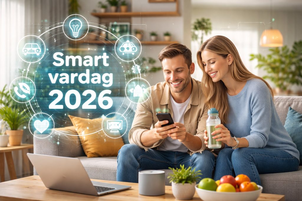 Par i hemmiljö använder digitala lösningar som symboliserar en smartare vardag inför 2026.